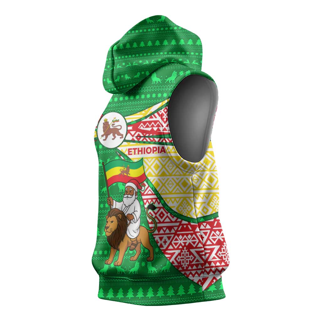 Ethiopia Christmas Sleeveless Hoodie Santa Riding Lion Ethiopian Flag Colors and Tribal - African Pride