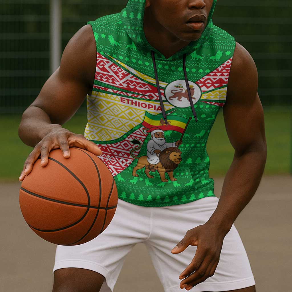 Ethiopia Christmas Sleeveless Hoodie Santa Riding Lion Ethiopian Flag Colors and Tribal - African Pride