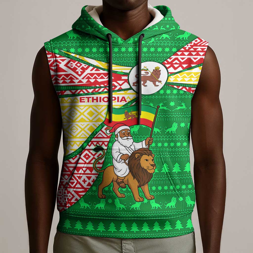 Ethiopia Christmas Sleeveless Hoodie Santa Riding Lion Ethiopian Flag Colors and Tribal - African Pride