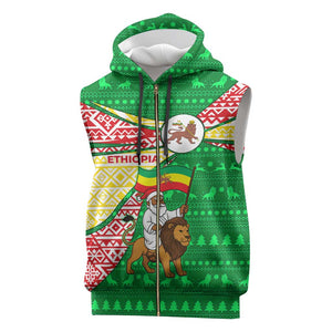 Ethiopia Christmas Sleeveless Zip Hoodie Santa Riding Lion Ethiopian Flag Colors and Tribal - African Pride