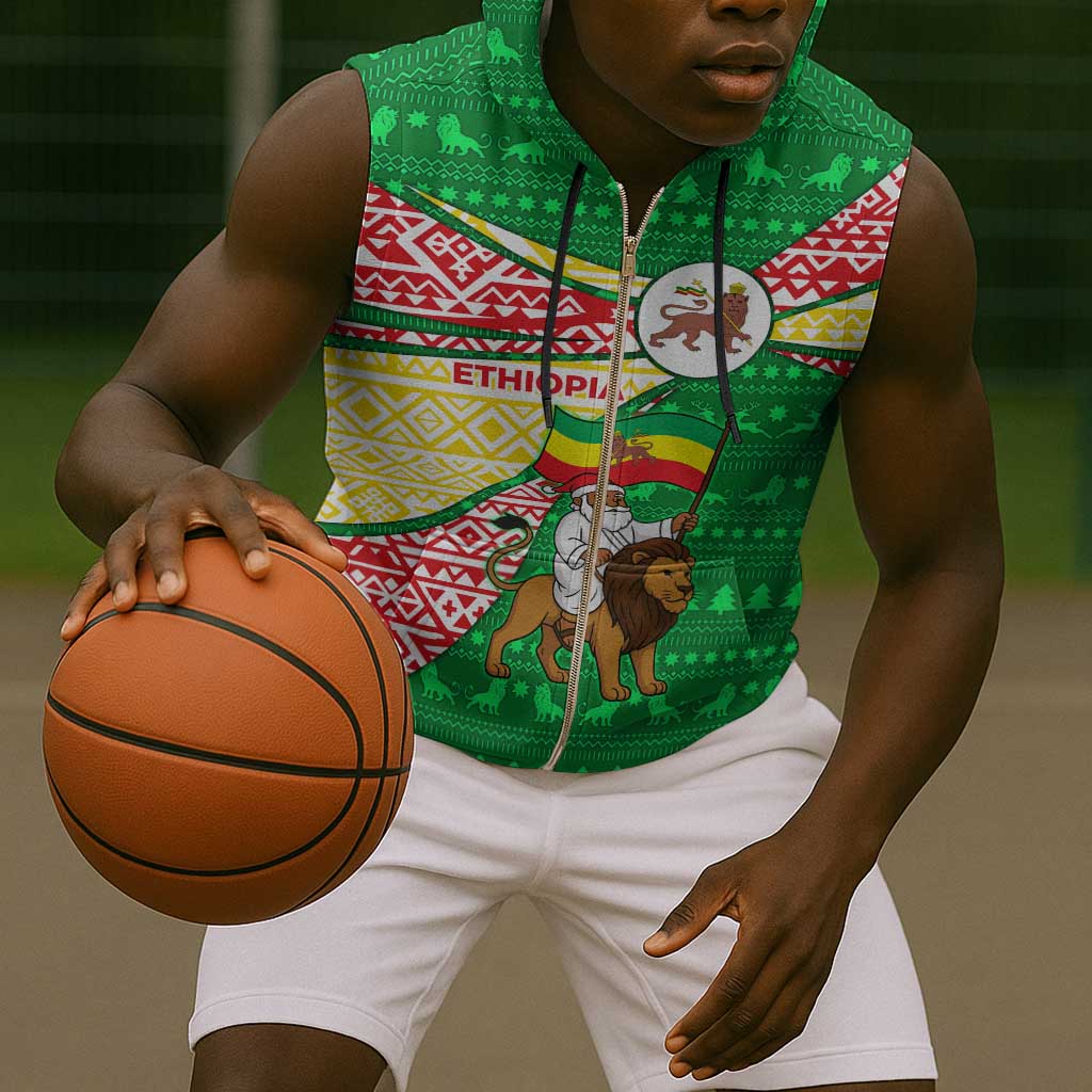 Ethiopia Christmas Sleeveless Zip Hoodie Santa Riding Lion Ethiopian Flag Colors and Tribal - African Pride