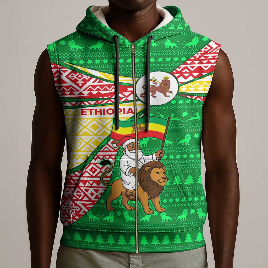 Ethiopia Christmas Sleeveless Zip Hoodie Santa Riding Lion Ethiopian Flag Colors and Tribal - African Pride