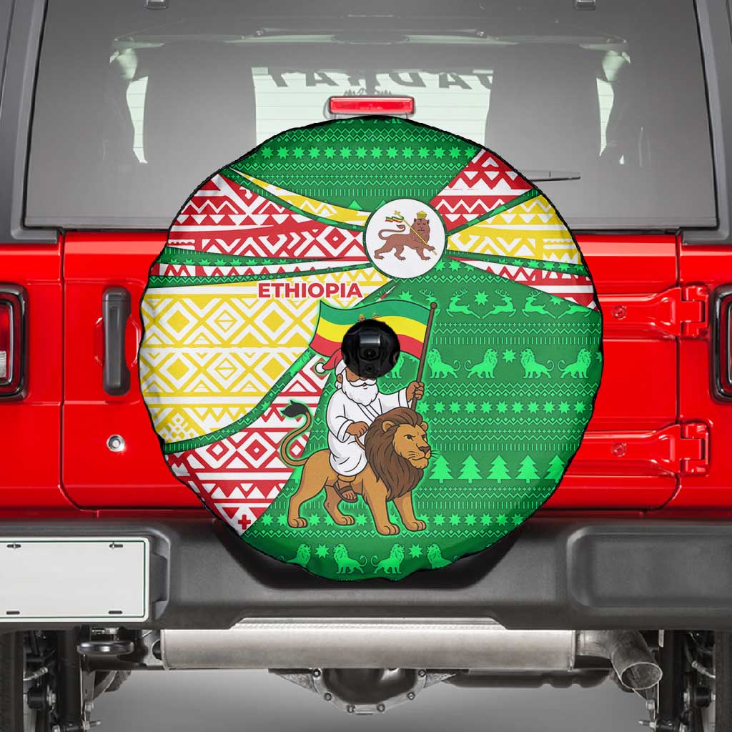 Ethiopia Christmas Spare Tire Cover Santa Riding Lion Ethiopian Flag Colors and Tribal - African Pride