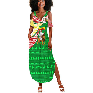 Ethiopia Christmas Summer Maxi Dress Santa Riding Lion Ethiopian Flag Colors and Tribal - African Pride