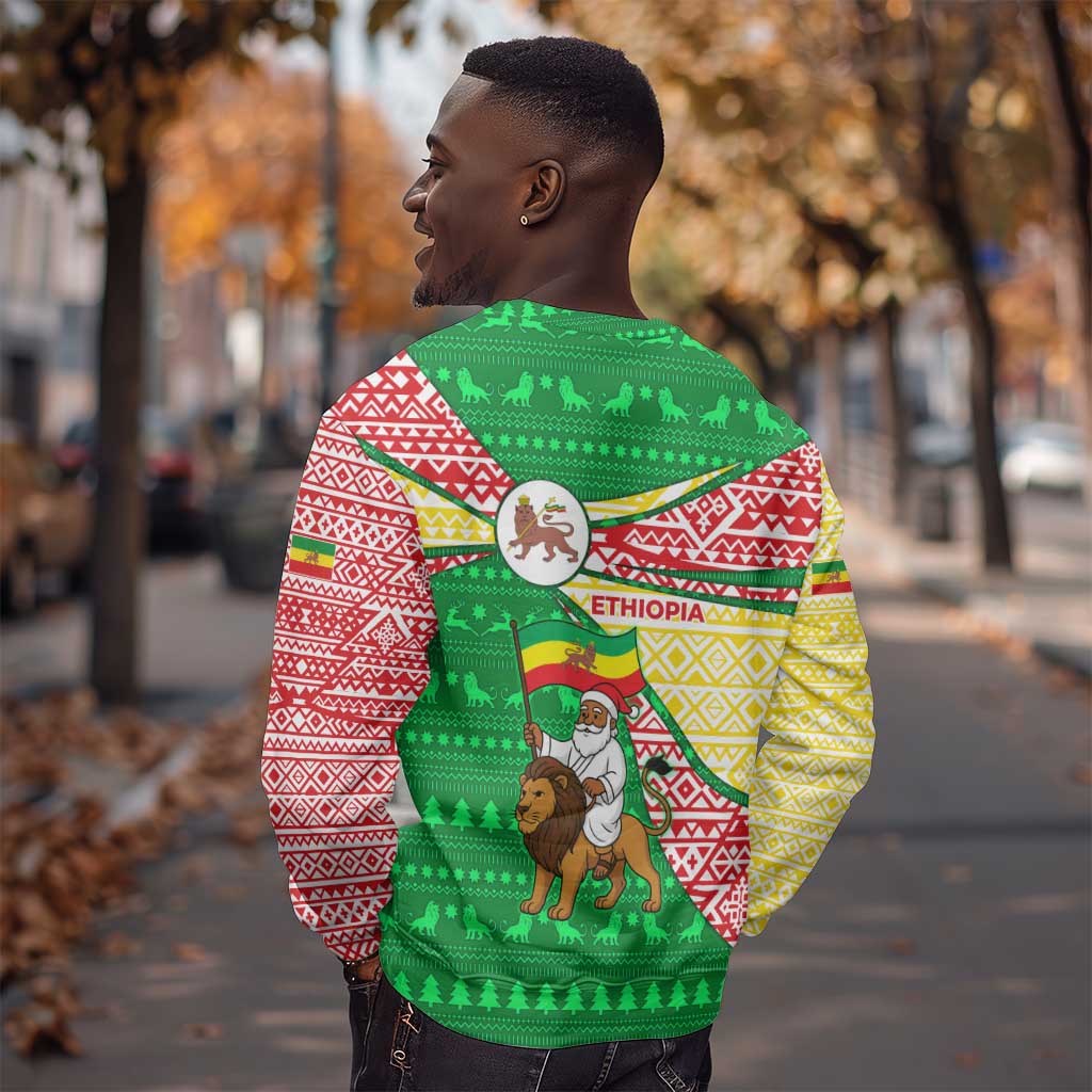 Ethiopia Christmas Sweatshirt Santa Riding Lion Ethiopian Flag Colors and Tribal - African Pride