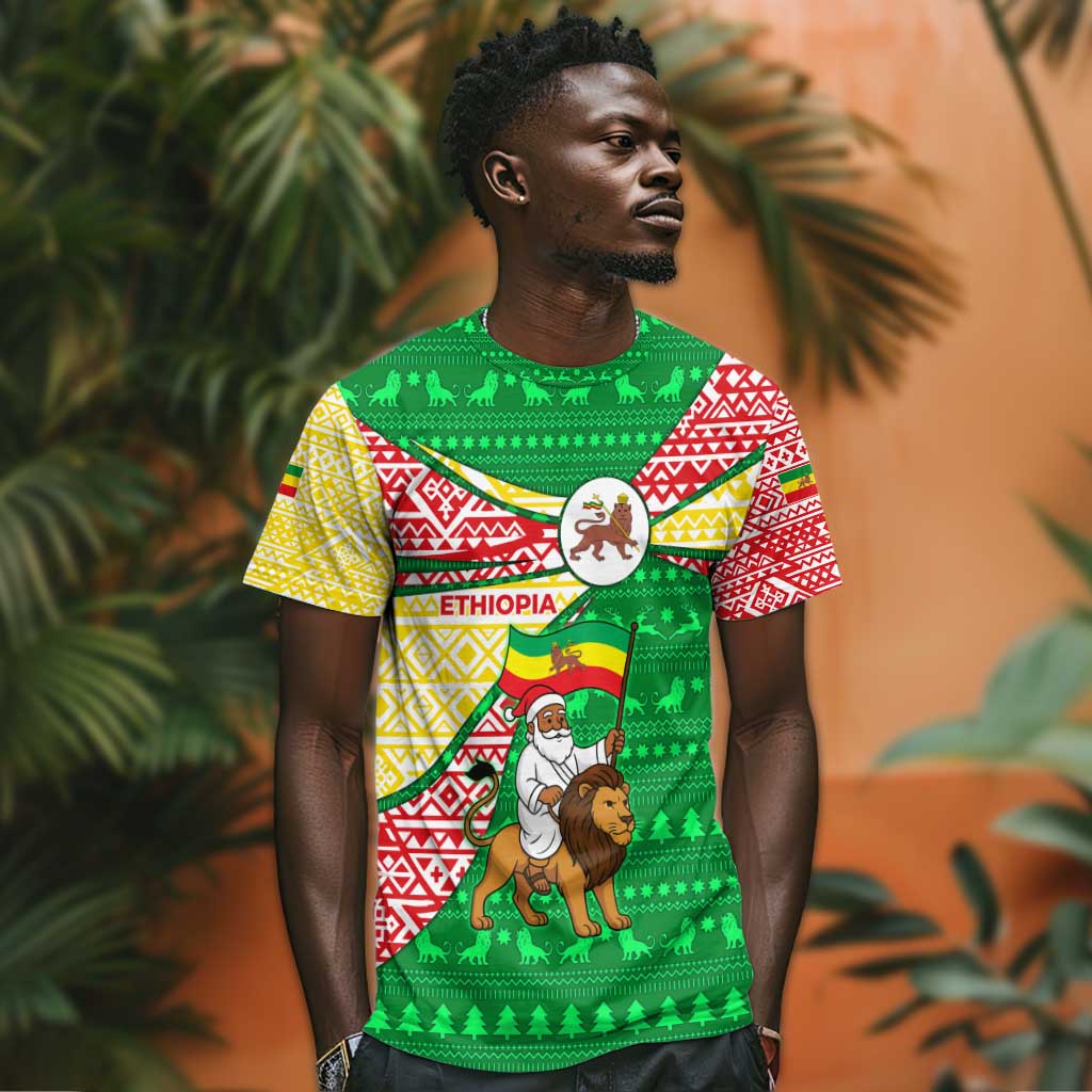 Ethiopia Christmas T shirt Santa Riding Lion Ethiopian Flag Colors and Tribal - African Pride