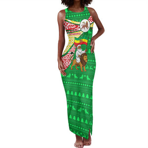 Ethiopia Christmas Tank Maxi Dress Santa Riding Lion Ethiopian Flag Colors and Tribal - African Pride