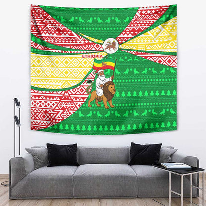 Ethiopia Christmas Tapestry Santa Riding Lion Ethiopian Flag Colors and Tribal - African Pride