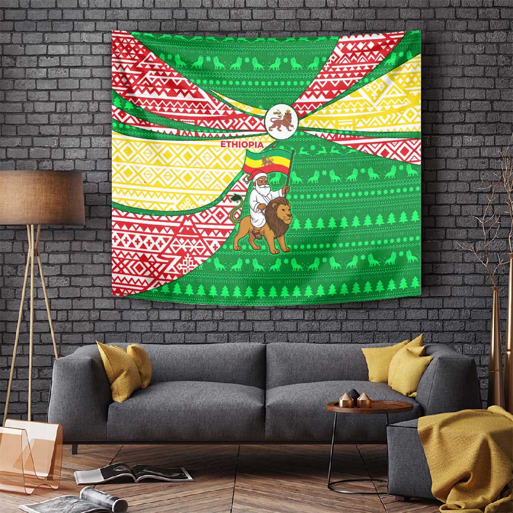 Ethiopia Christmas Tapestry Santa Riding Lion Ethiopian Flag Colors and Tribal - African Pride