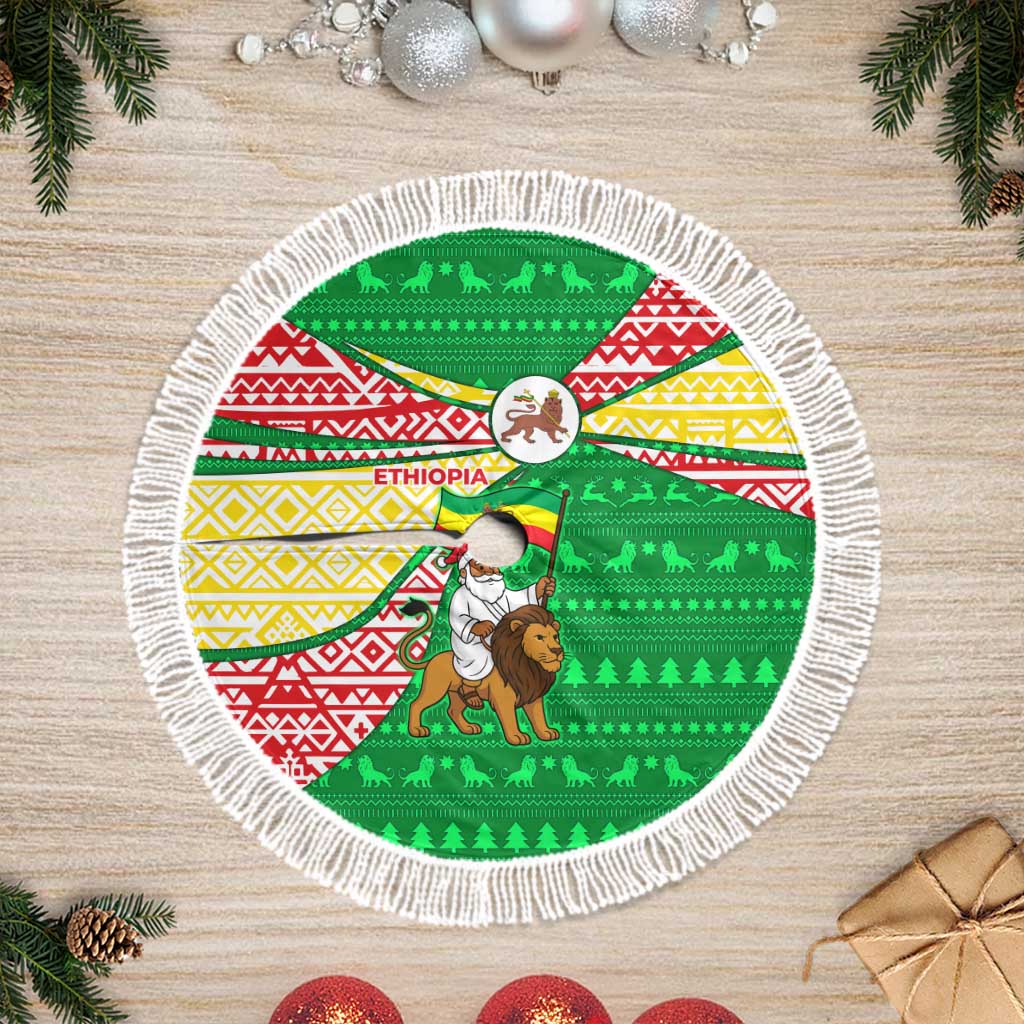 Ethiopia Christmas Tree Skirt Santa Riding Lion Ethiopian Flag Colors and Tribal - African Pride