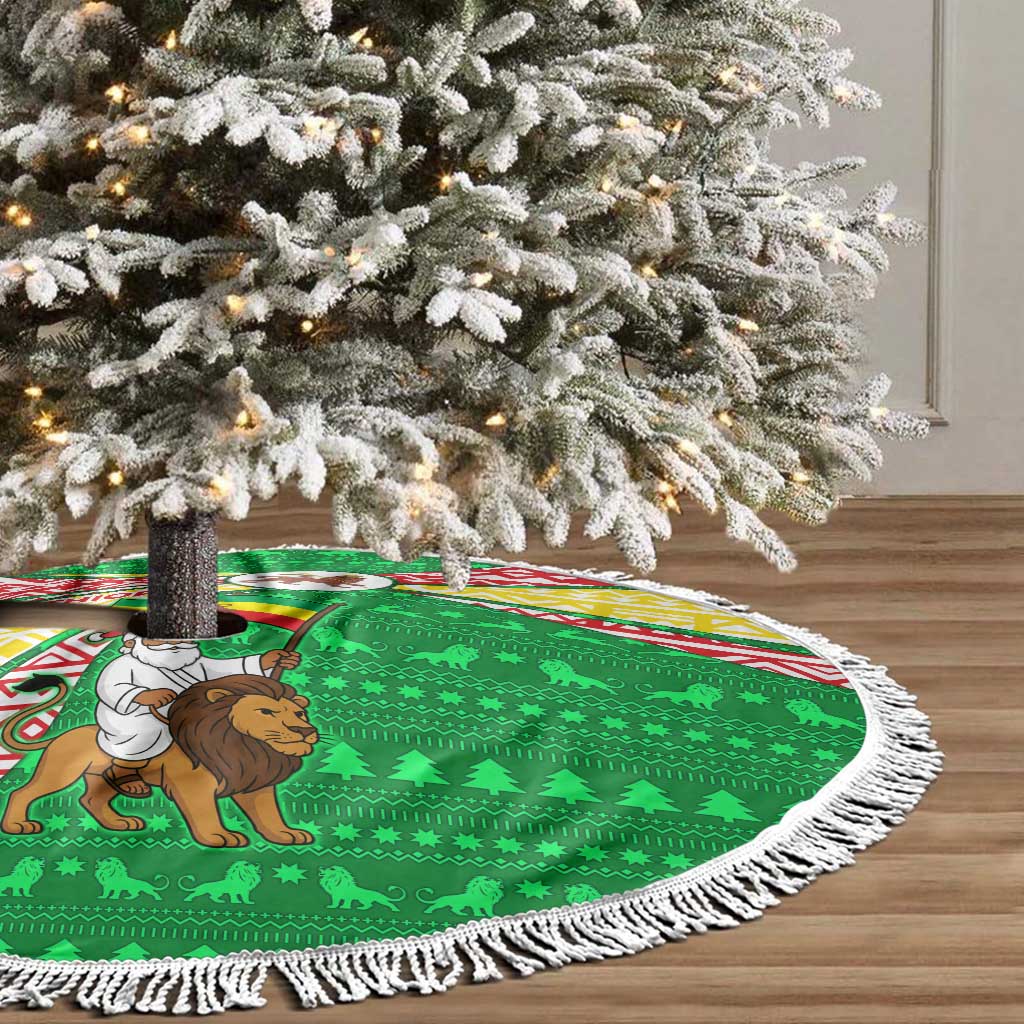 Ethiopia Christmas Tree Skirt Santa Riding Lion Ethiopian Flag Colors and Tribal - African Pride