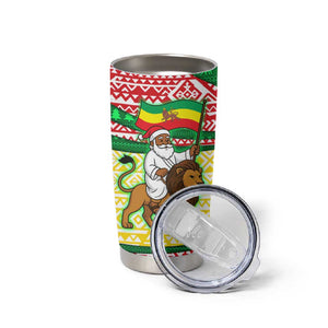 Ethiopia Christmas Tumbler Cup Santa Riding Lion Ethiopian Flag Colors and Tribal - African Pride