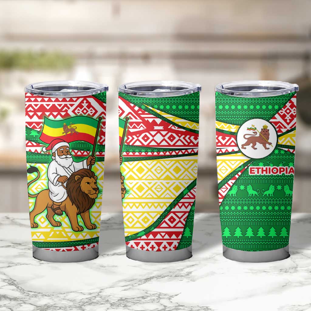 Ethiopia Christmas Tumbler Cup Santa Riding Lion Ethiopian Flag Colors and Tribal - African Pride