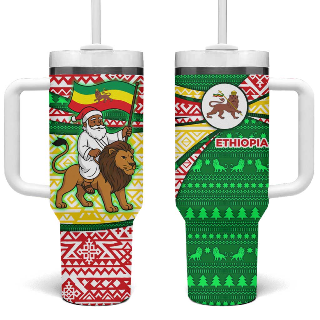 Ethiopia Christmas Tumbler With Handle Santa Riding Lion Ethiopian Flag Colors and Tribal - African Pride
