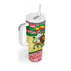 Ethiopia Christmas Tumbler With Handle Santa Riding Lion Ethiopian Flag Colors and Tribal - African Pride