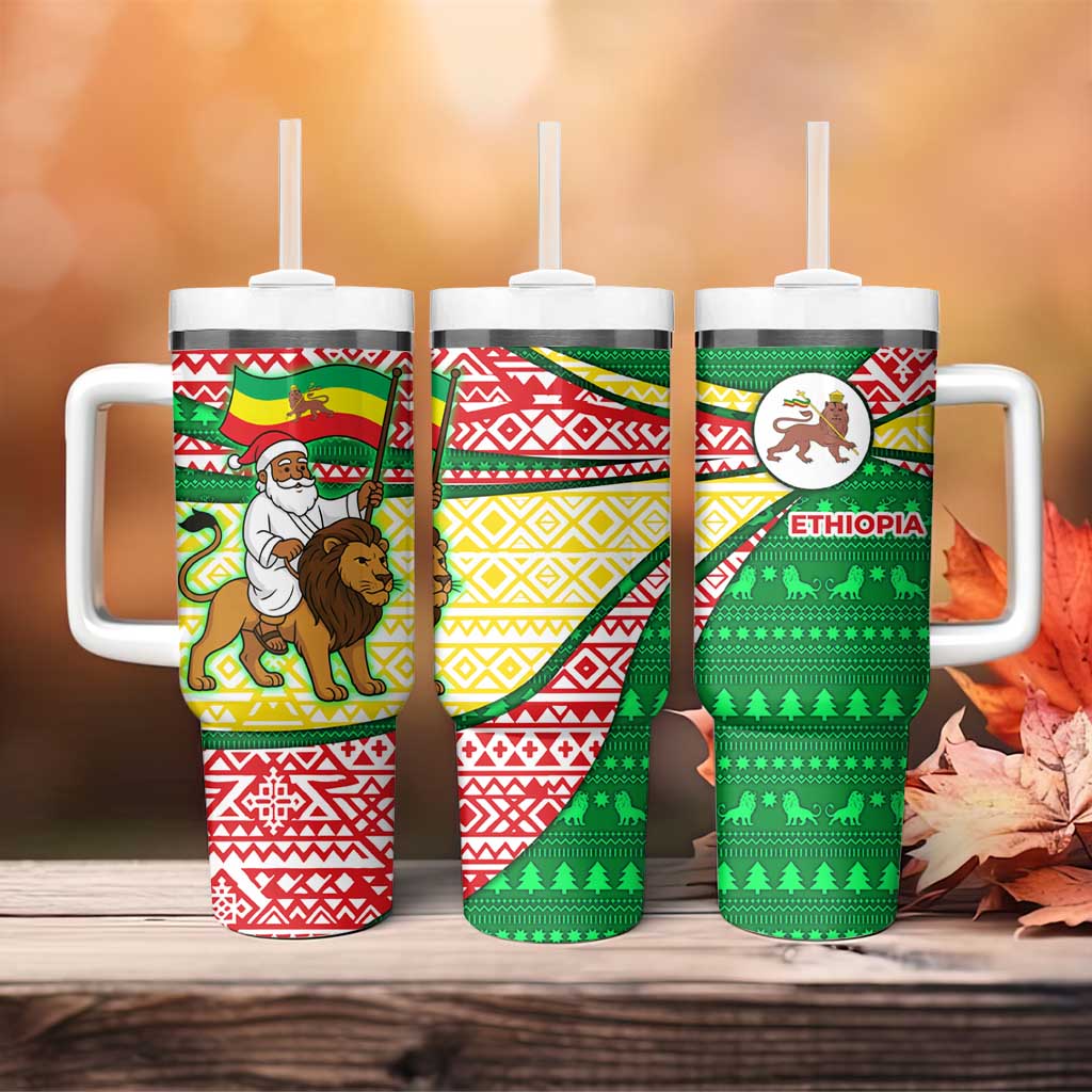 Ethiopia Christmas Tumbler With Handle Santa Riding Lion Ethiopian Flag Colors and Tribal - African Pride