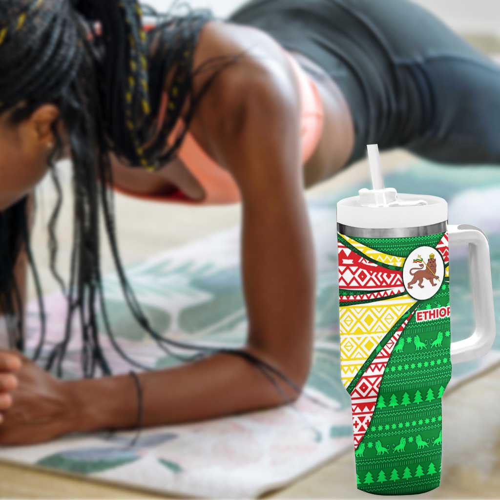 Ethiopia Christmas Tumbler With Handle Santa Riding Lion Ethiopian Flag Colors and Tribal - African Pride