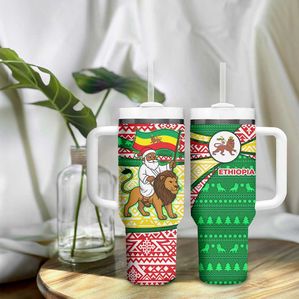 Ethiopia Christmas Tumbler With Handle Santa Riding Lion Ethiopian Flag Colors and Tribal - African Pride