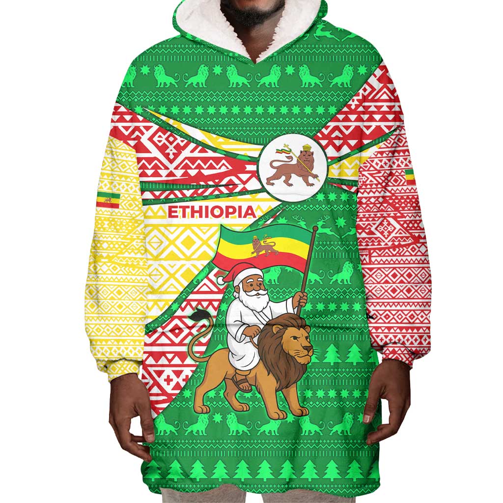 Ethiopia Christmas Wearable Blanket Hoodie Santa Riding Lion Ethiopian Flag Colors and Tribal - African Pride