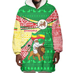 Ethiopia Christmas Wearable Blanket Hoodie Santa Riding Lion Ethiopian Flag Colors and Tribal - African Pride