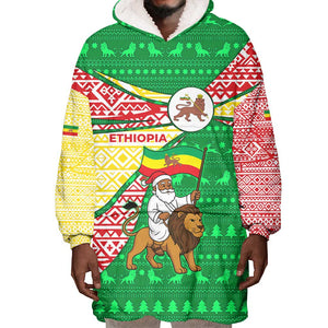 Ethiopia Christmas Wearable Blanket Hoodie Santa Riding Lion Ethiopian Flag Colors and Tribal - African Pride