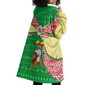 Ethiopia Christmas Wearable Blanket Hoodie Santa Riding Lion Ethiopian Flag Colors and Tribal - African Pride
