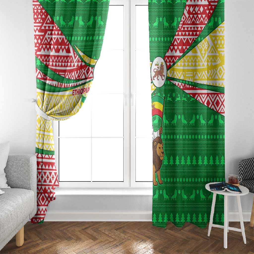 Ethiopia Christmas Window Curtain Santa Riding Lion Ethiopian Flag Colors and Tribal - African Pride