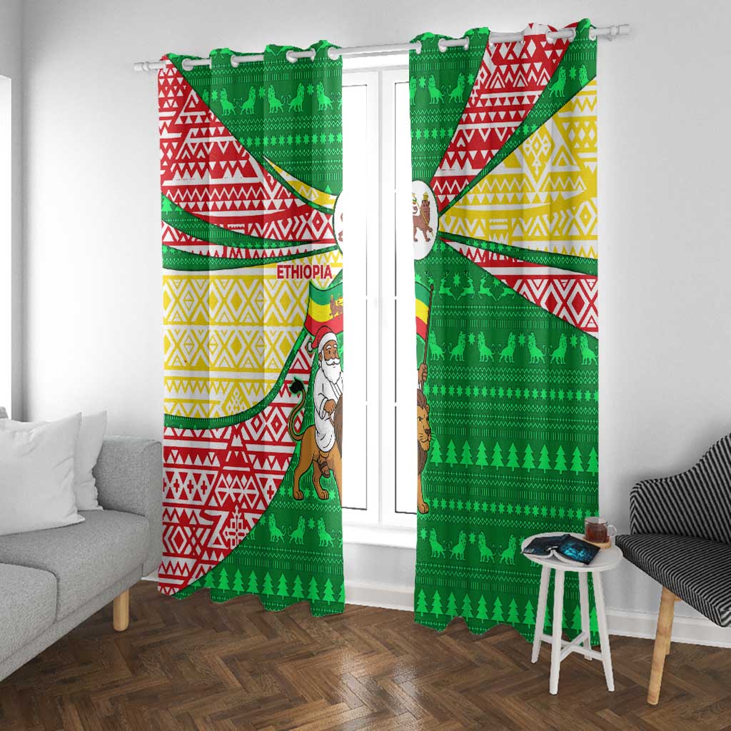 Ethiopia Christmas Window Curtain Santa Riding Lion Ethiopian Flag Colors and Tribal - African Pride