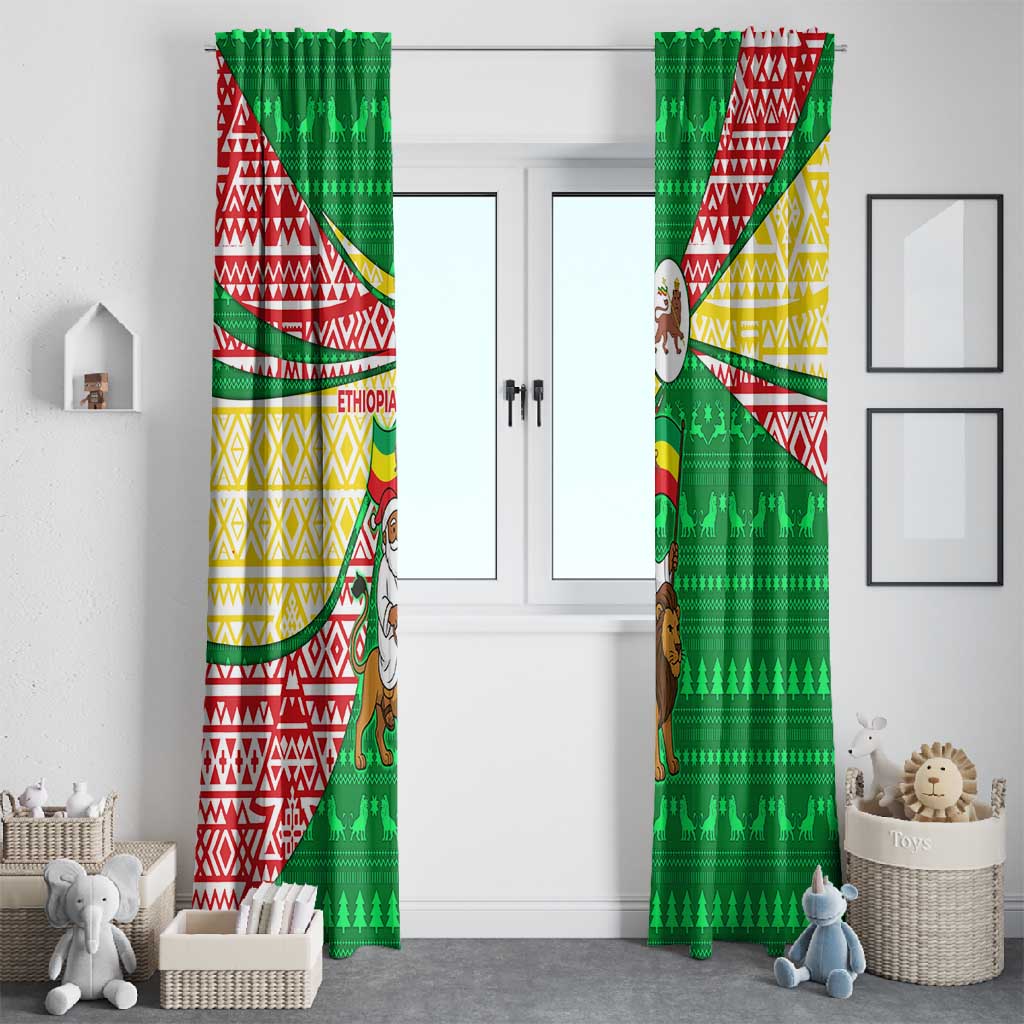 Ethiopia Christmas Window Curtain Santa Riding Lion Ethiopian Flag Colors and Tribal - African Pride