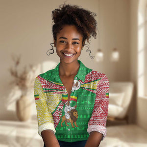 Ethiopia Christmas Women Casual Shirt Santa Riding Lion Ethiopian Flag Colors and Tribal - African Pride