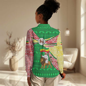 Ethiopia Christmas Women Casual Shirt Santa Riding Lion Ethiopian Flag Colors and Tribal - African Pride