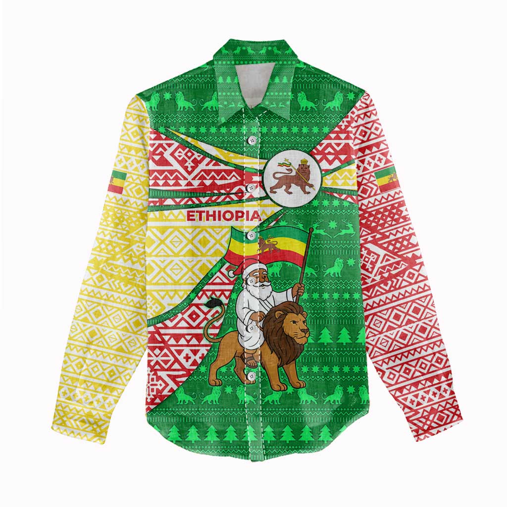 Ethiopia Christmas Women Casual Shirt Santa Riding Lion Ethiopian Flag Colors and Tribal - African Pride