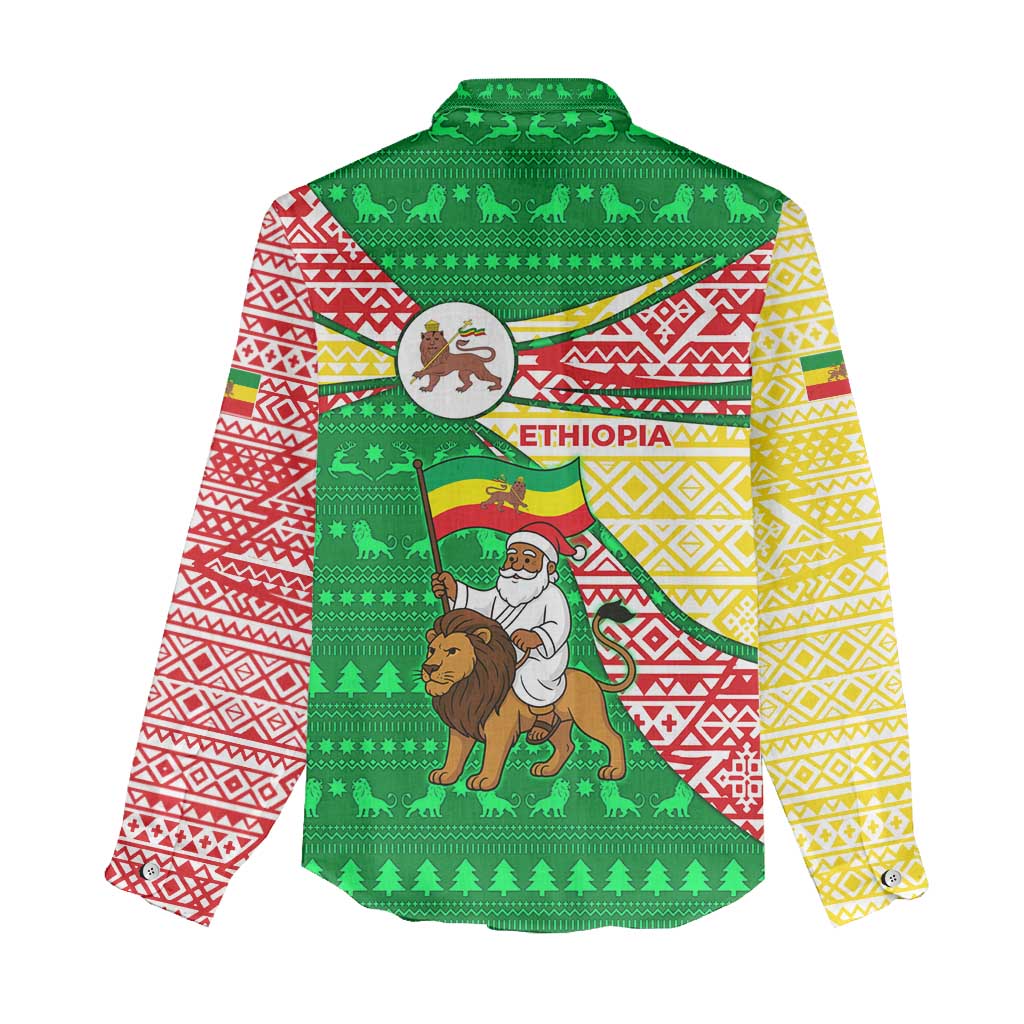 Ethiopia Christmas Women Casual Shirt Santa Riding Lion Ethiopian Flag Colors and Tribal - African Pride