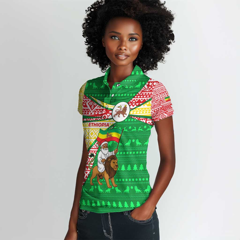 Ethiopia Christmas Women Polo Shirt Santa Riding Lion Ethiopian Flag Colors and Tribal - African Pride