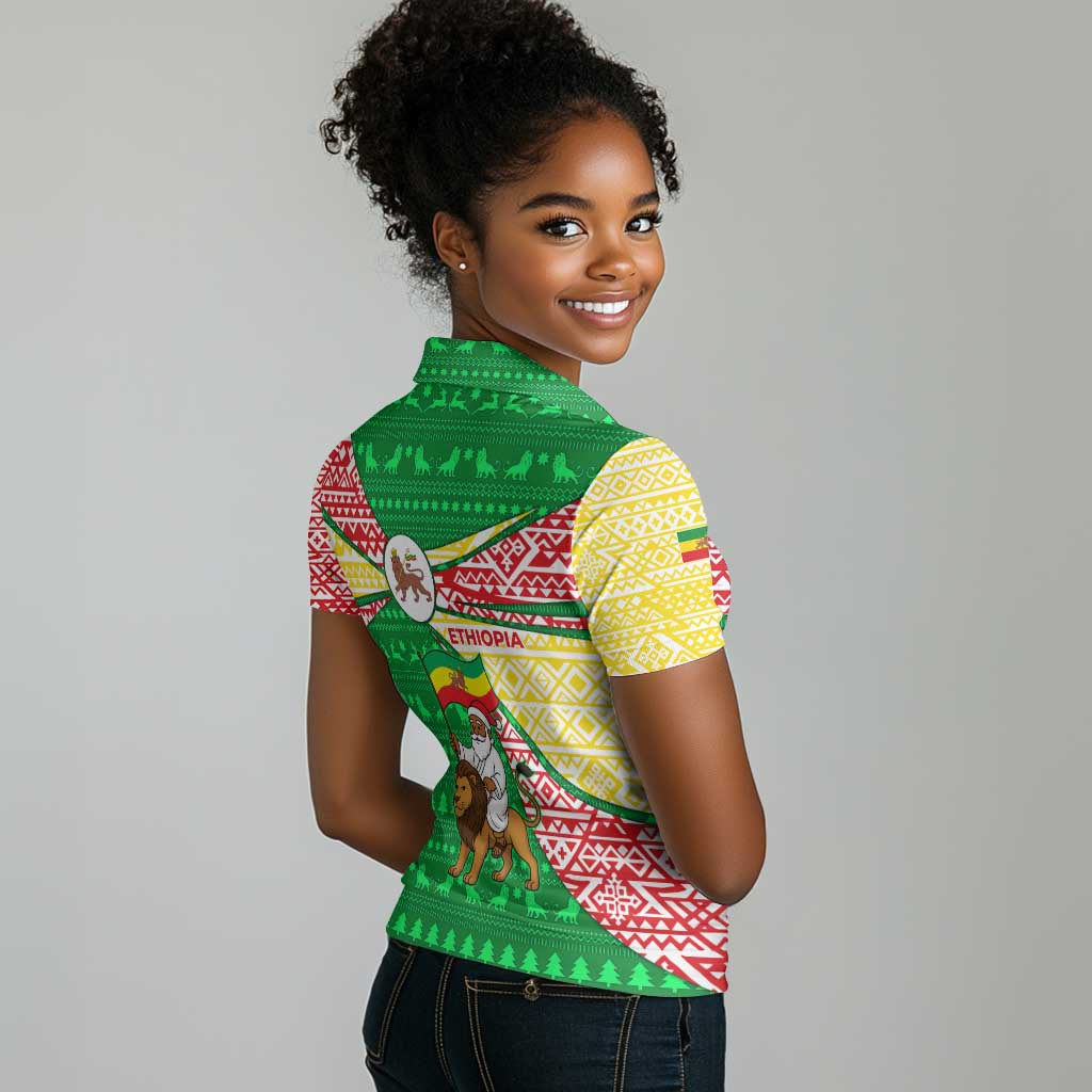 Ethiopia Christmas Women Polo Shirt Santa Riding Lion Ethiopian Flag Colors and Tribal - African Pride