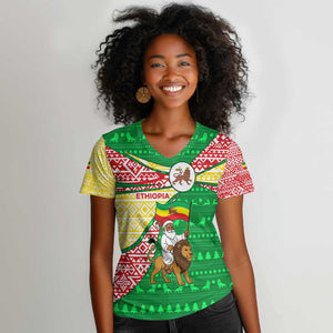Ethiopia Christmas Women V-Neck T-Shirt Santa Riding Lion Ethiopian Flag Colors and Tribal - African Pride