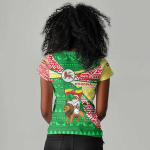 Ethiopia Christmas Women V-Neck T-Shirt Santa Riding Lion Ethiopian Flag Colors and Tribal - African Pride