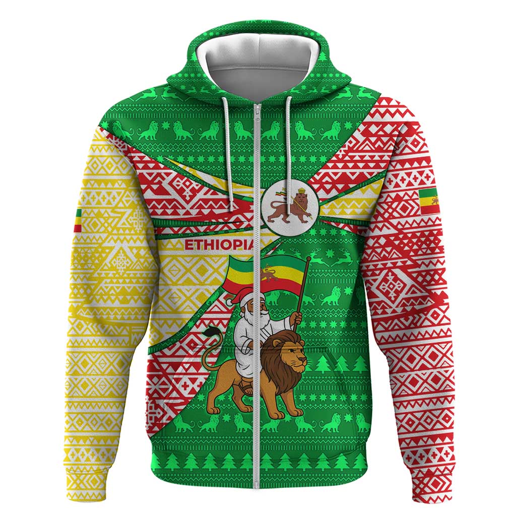 Ethiopia Christmas Zip Hoodie Santa Riding Lion Ethiopian Flag Colors and Tribal - African Pride