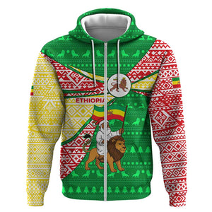 Ethiopia Christmas Zip Hoodie Santa Riding Lion Ethiopian Flag Colors and Tribal - African Pride