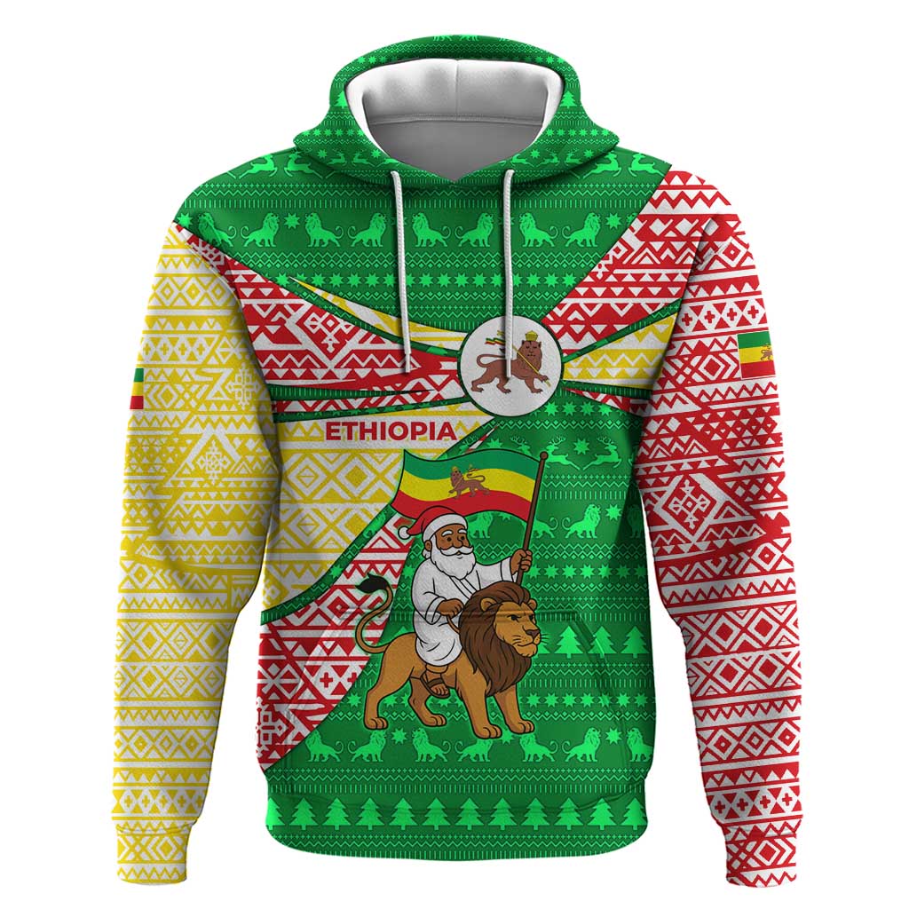 Ethiopia Christmas Zip Hoodie Santa Riding Lion Ethiopian Flag Colors and Tribal - African Pride