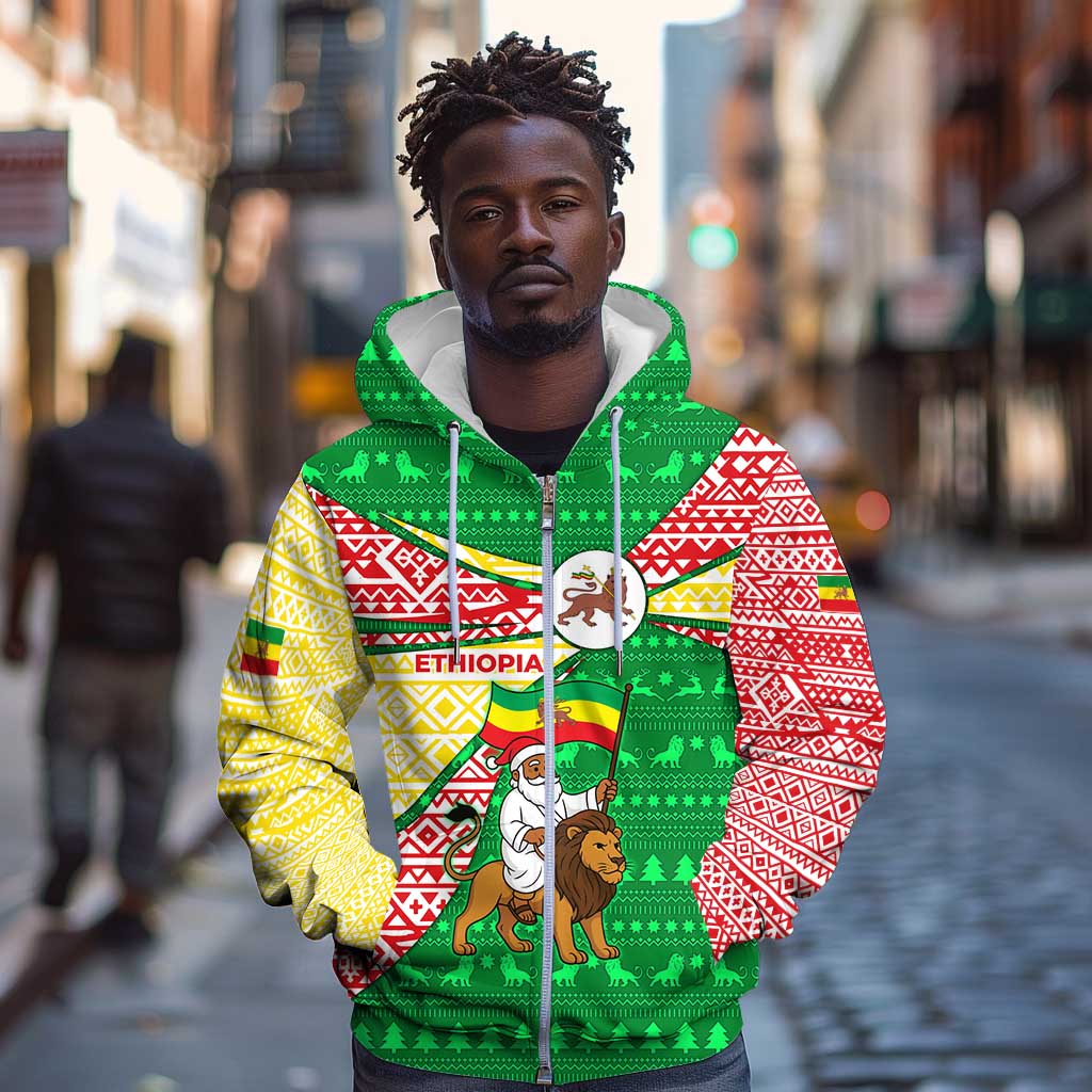 Ethiopia Christmas Zip Hoodie Santa Riding Lion Ethiopian Flag Colors and Tribal - African Pride