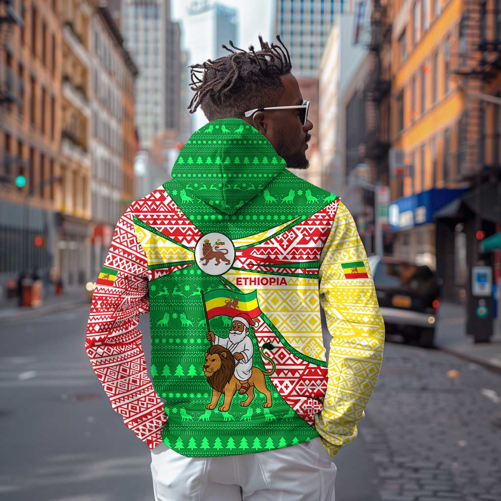 Ethiopia Christmas Zip Hoodie Santa Riding Lion Ethiopian Flag Colors and Tribal - African Pride