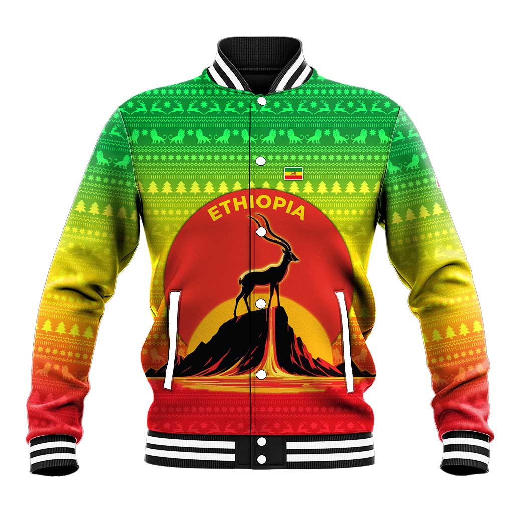 Ethiopia Christmas Baseball Jacket Mountain Gazelle Sunset Ethiopian Flag - African Pride