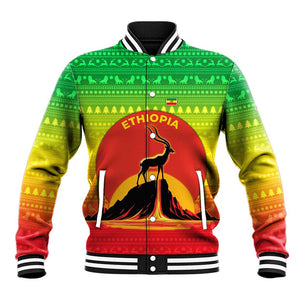 Ethiopia Christmas Baseball Jacket Mountain Gazelle Sunset Ethiopian Flag - African Pride
