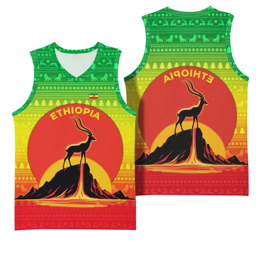 Ethiopia Christmas Basketball Jersey Mountain Gazelle Sunset Ethiopian Flag - African Pride