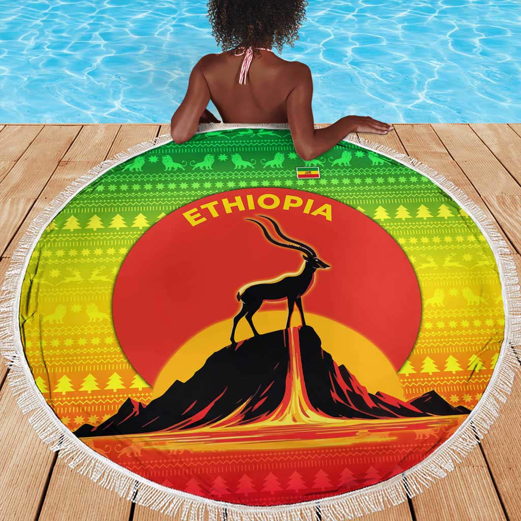 Ethiopia Christmas Beach Blanket Mountain Gazelle Sunset Ethiopian Flag - African Pride
