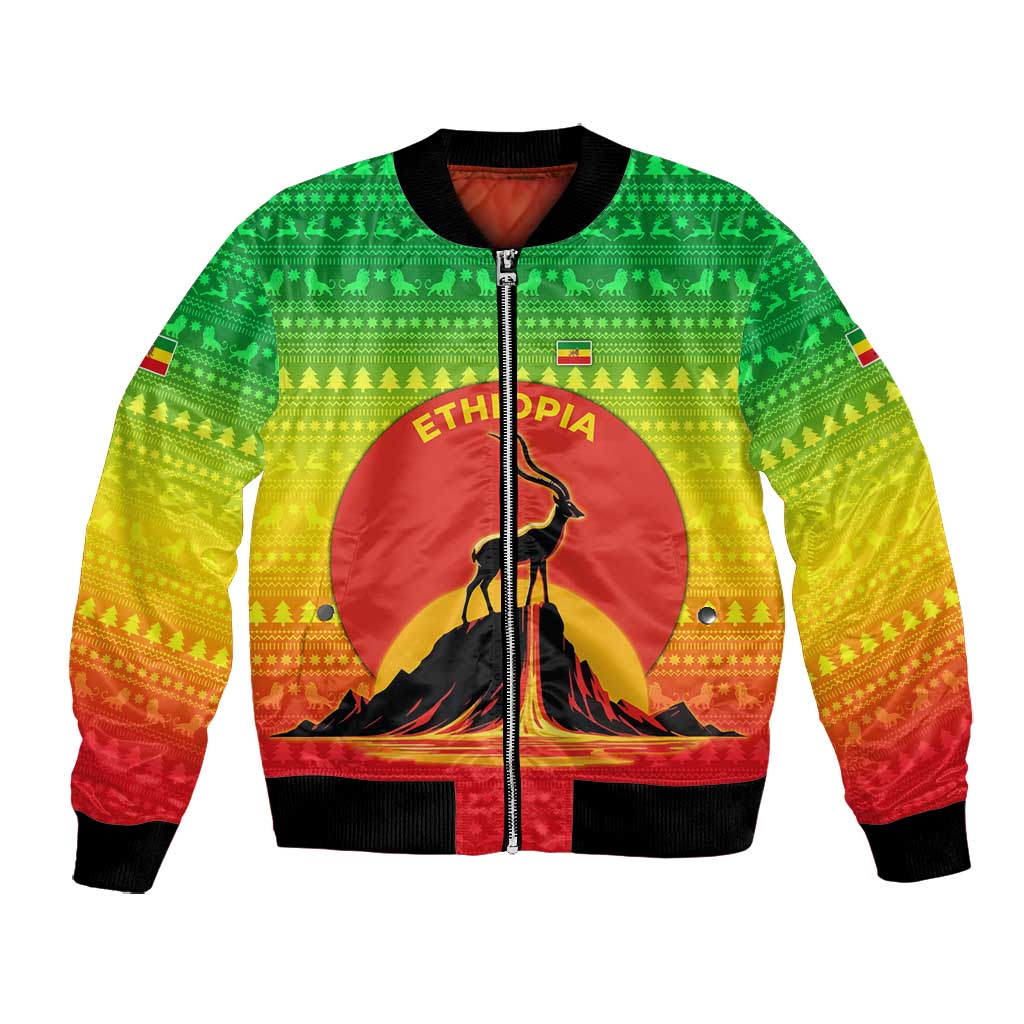 Ethiopia Christmas Bomber Jacket Mountain Gazelle Sunset Ethiopian Flag - African Pride