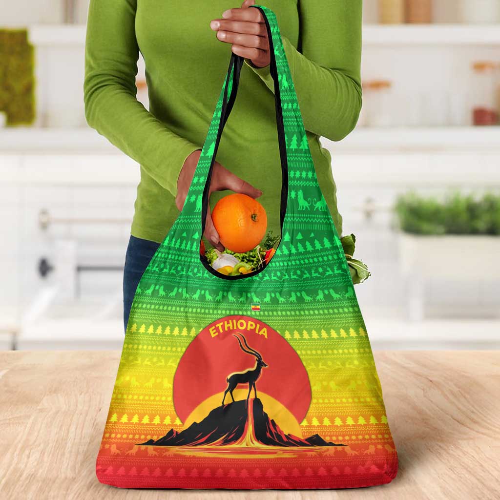 Ethiopia Christmas Grocery Bag Mountain Gazelle Sunset Ethiopian Flag - African Pride