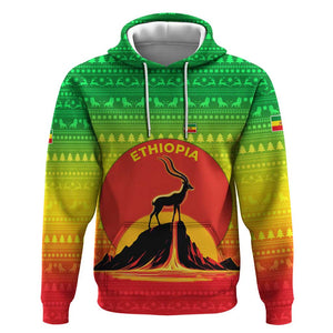 Ethiopia Christmas Hoodie Mountain Gazelle Sunset Ethiopian Flag - African Pride