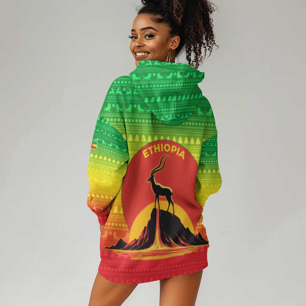 Ethiopia Christmas Hoodie Dress Mountain Gazelle Sunset Ethiopian Flag - African Pride